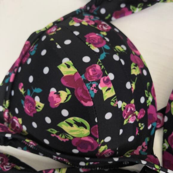 Black Polka Dot Multicolor Floral Swim Bikini Halter Tie Top Plus Size XXXXL - Picture 2 of 5